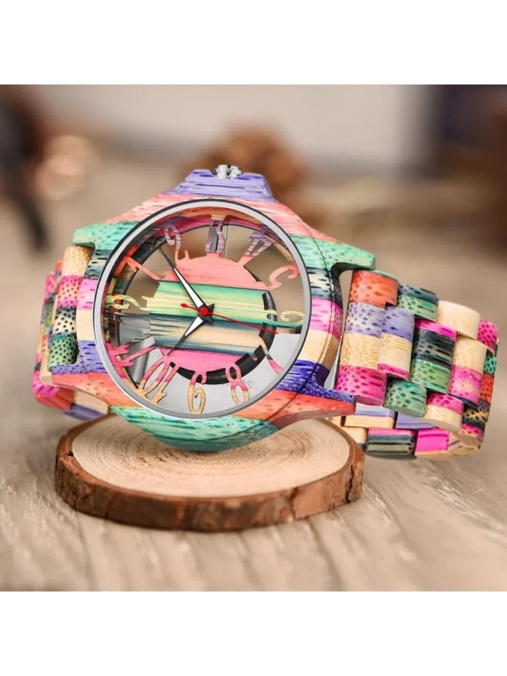 Men's Multicolor Analog Quartz Handmade Colorful Bamboo Engraved Wooden Watch